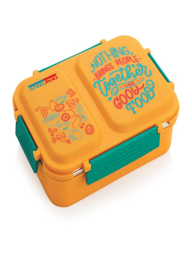 STEELLOCK علبة طعام ستيللوك سمارت ميل المعزولة المصنوعة من الفولاذ المقاوم للصدأ، ذات قسمين، للأطفال والكبار، مانعة للتسرب، مزودة بغطاء محكم الإغلاق من السيليكون، علبة بينتو للمدرسة والمكتب، للأولاد والبنات، 650 مل - أصفر - Image 4